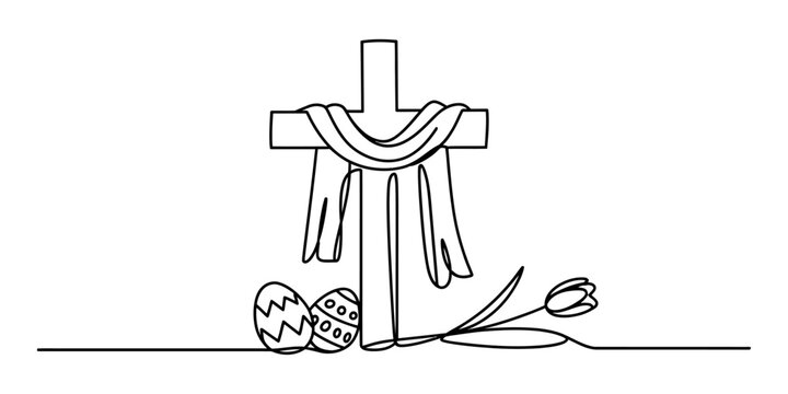 Easter cross with shroud, decorated eggs, and tulip flower, continuous line drawing