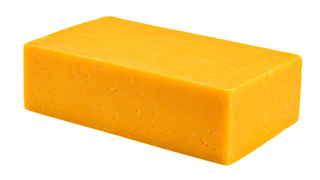 Rectangular cheddar cheese block with glossy yellow texture dairy food wedge ingredient kitchen smooth natural surface object isolated on a transparent background