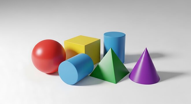 Colorful 3d geometric shapes including sphere cube cylinder pyramid and cone on a flat surface