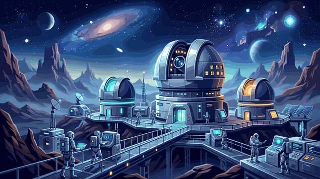 A futuristic space observatory research base on an alien planet with astronauts working. Sci-fi art illustrating space exploration, technology, discovery, and cosmic science.