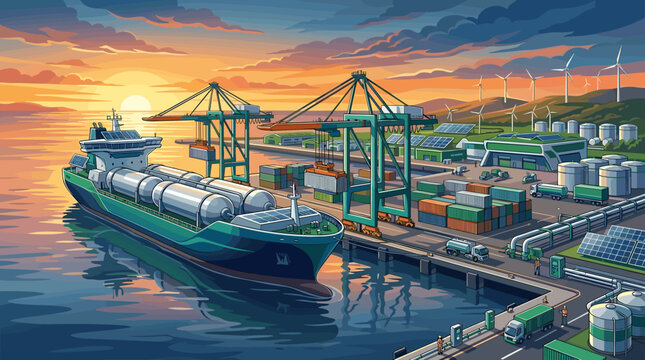 Vector illustration of a green energy seaport at sunset. Cargo vessel, shipping containers, and renewable power infrastructure like wind turbines and solar panels in a sustainable industrial port.