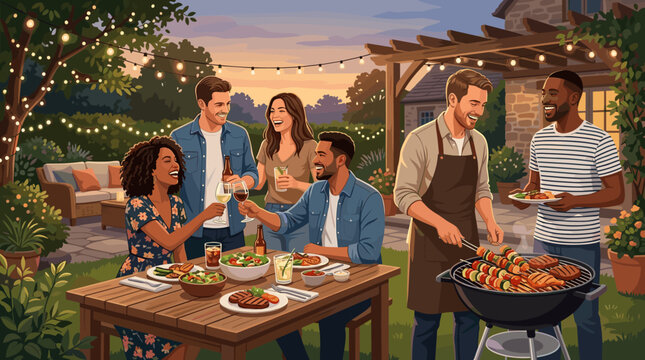 A diverse group of friends having fun at a garden barbecue party. People laughing, eating, drinking wine, and grilling food outdoors at sunset. Perfect for lifestyle, summer, and celebration.