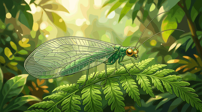 A detailed illustration of a green lacewing perched on a lush fern leaf. The bright, natural forest background creates a serene, eco-friendly mood for nature and biology projects.