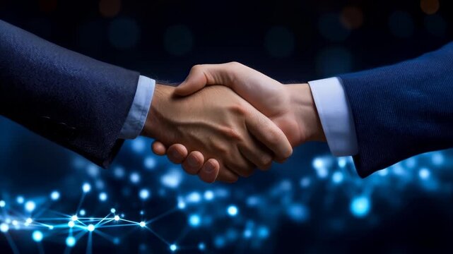 Business handshake over glowing digital network background symbolizing partnership trust cooperation and professional agreement