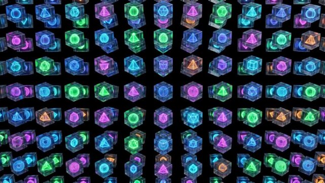 ダーク金属ブロックがスキャン波でネオン光る透明キューブへ変化する抽象CG
