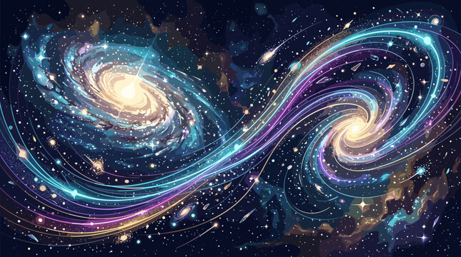Vibrant illustration of two interacting spiral galaxies in deep space. Featuring swirling cosmic dust, glowing stars, and nebulae in a stunning, high-energy astronomical composition.