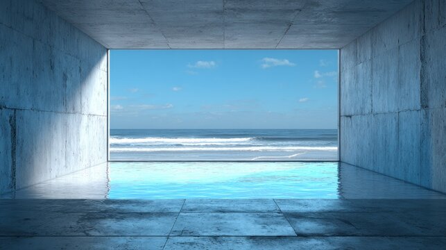 Minimalist concrete room opens to expansive ocean view with infinity edge water feature