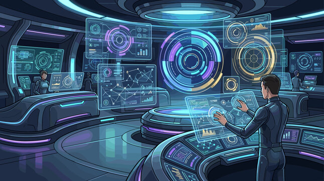 Futuristic command center with diverse operators interacting with holographic displays, interfaces, and data visualizations. A high-tech science fiction environment for tech themes.