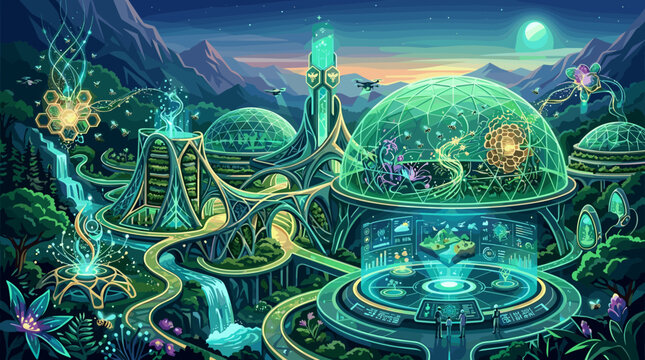 Futuristic apiary city with glowing domes, advanced technology and organic nature. A sustainable sci-fi world where drones and digital data monitor bee pollination and plant life.