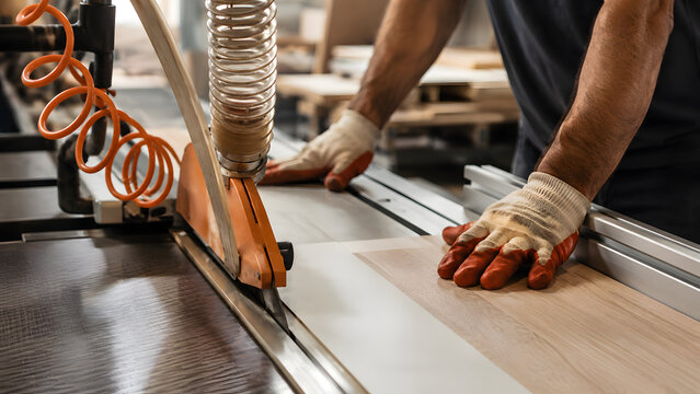 worker cutting laminated wood panel on industrial saw machine