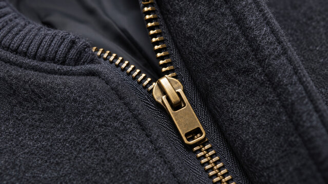 Macro Shot of Heavy-duty Brass Zipper on Wool Bomber Jacket