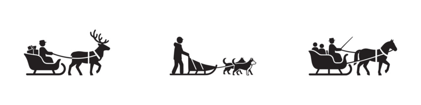 Sleigh and winter transportation icon set. Reindeer, dog sled and horse carriage symbols. Vector illustration.