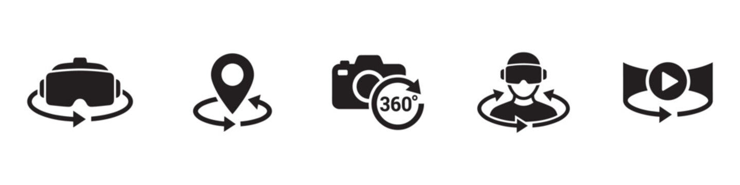 Virtual reality and 360 degree video icon set. VR headset, panorama, camera and immersive technology symbols. Vector illustration.