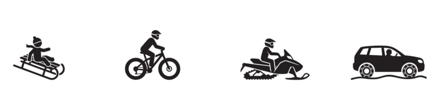 Winter vehicle icon set. Sledding, cycling, snowmobile and winter driving symbols. Vector illustration.