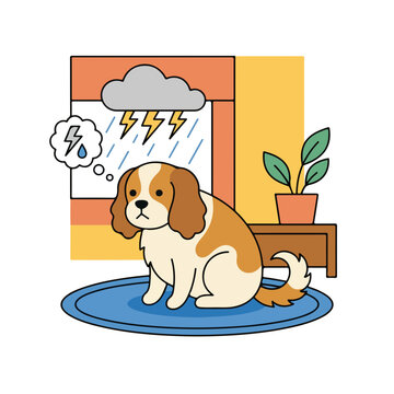 Cavalier King Charles Spaniel dog scared of thunderstorm. Pet anxiety and fear concept. Flat vector illustration of dog whimpering indoors during storm