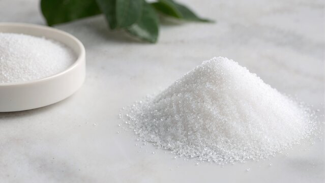 Pile of white crystalline citric acid powder on a marble surface. Close-up of food additive and preservative