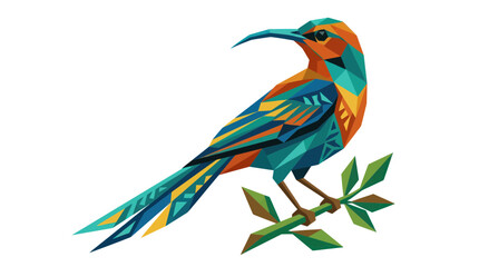 Fototapeta premium Geometric Bird Perched on Branch, Colorful Polygonal Design, Abstract Wildlife Art