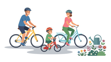 Fototapeta premium Happy Family Cycling Together Outdoors: Parents and Child on Bikes with Watering Can and Flowers