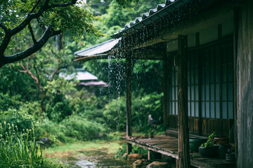 Obraz premium Traditional Japanese Farmhouse in Summer Rain with Water Dripping from Eaves
