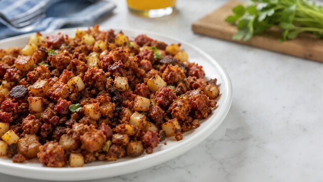 Close up of crispy corned beef hash on a white plate. Browned diced potatoes and beef for a traditional homemade breakfast. Hearty morning meal on a marble table