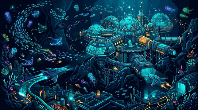 A glowing futuristic underwater research base with domes, submarines, and bioluminescent marine life in a deep ocean setting. Ideal for sci-fi concepts, technology, and exploration themes.