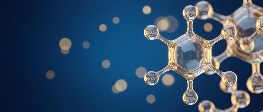 Transparent molecular structures with "NO2" labels on nodes against a blue background, representing nitrogen dioxide molecules.