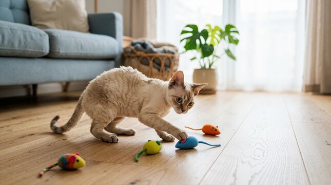Devon Rex cat playing with colorful toy mice on a wooden floor. Active purebred feline hunting toys in a bright living room. Domestic pet entertainment and activity