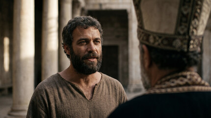 Fototapeta premium Apostle Peter and John discussing with priests and sadducees in Jerusalem temple courtyard. Biblical recreation of ancient middle eastern gathering after religious interrogation. Faith