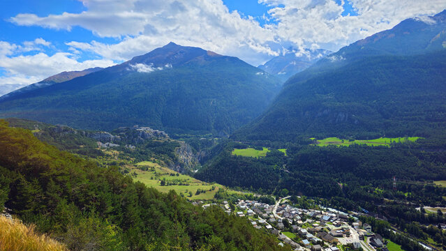 Avrieux village and Fort Victor Emmanuel nestled in French Alps, Savoie, Auvergne-Rhone-Alpes, France, Europe.