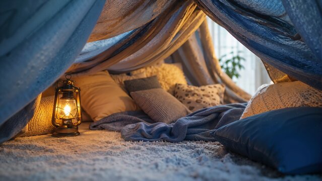 Vintage lantern illuminating the interior of a cozy blanket fort. Warm glowing light on fluffy rug and pillows. Indoor camping and childhood hideout concept