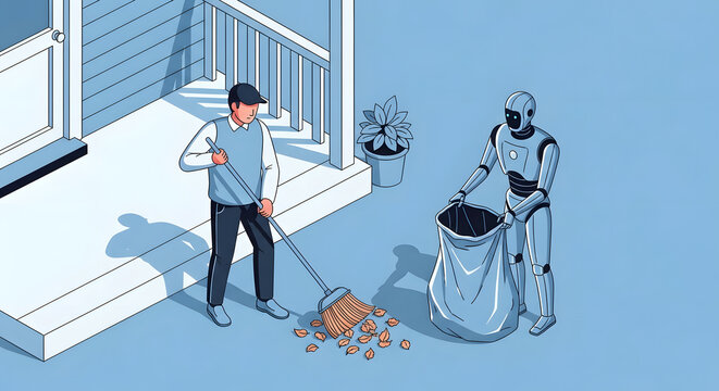 Human and robot working together to sweep leaves on a porch