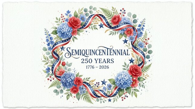 Semiquincentennial watercolor wreath with red roses and blue hydrangea for 250th anniversary usa 1776-2026 historic milestone usa semiquincentennial heritage