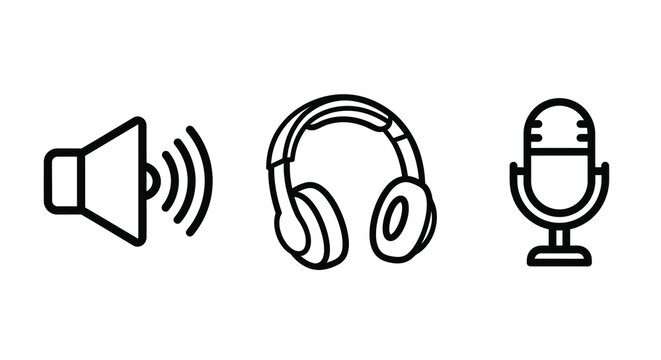 Speaker headphones and microphone line icons on a white background