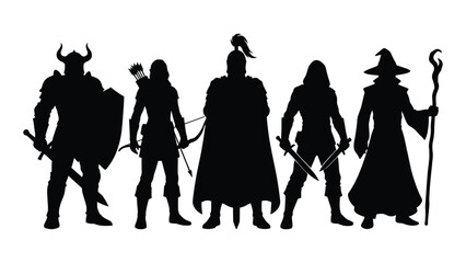 Silhouette of fantasy characters with swords and magic staff © Alom