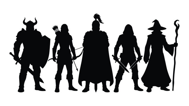 Silhouette of fantasy characters with swords and magic staff