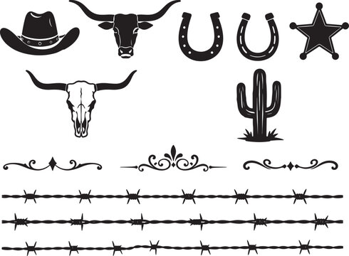 Collection of western themed featuring cowboy hat, bull skull, horseshoe, sheriff star, cactus, and barbed wire fences also transparent background
