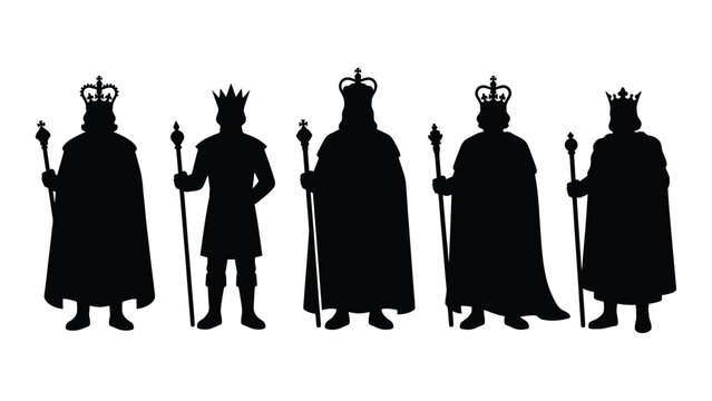 Silhouette of five kings with crowns and scepters