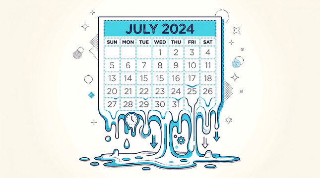 July 2024 calendar page melting in heat concept with calendar schedule deadline temperature planning timeframe illustration business pressure efficiency management seasonal