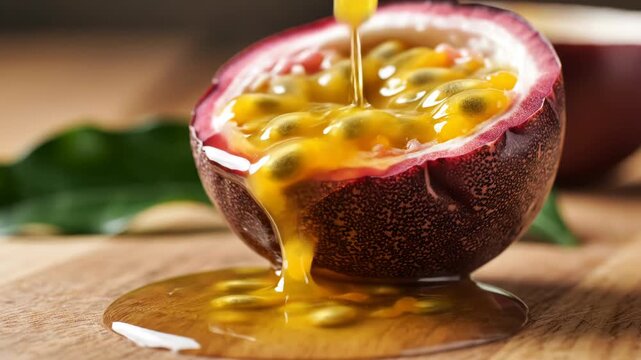 Macro shot of halved passion fruit on a wooden table with yellow pulp and seeds dripping from the shell. Golden liquid juice pours into the fruit, overflowing onto the wooden surface.