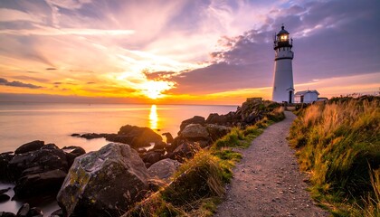 Fototapeta premium Coastal lighthouse guiding ships at sunset over calm ocean water