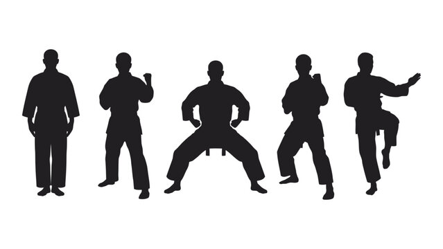 Black silhouettes of men in different karate fighting poses