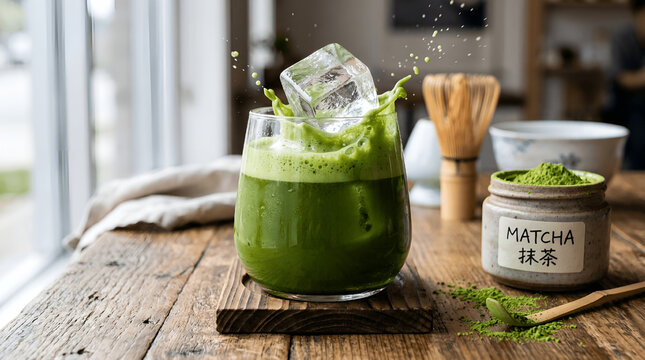Splashing ice cube into matcha on wooden table, beverage photography