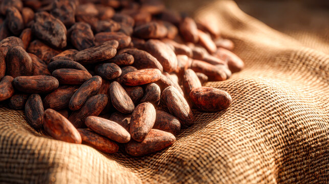 A medium shot of cocoa beans scattered on burlap sack, warm sunlight, rustic texture, low angle, natural brown and beige palette
