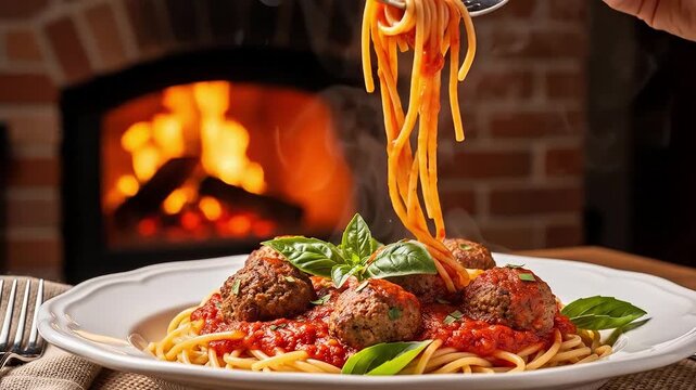 Spaghetti with meatballs in tomato sauce next to a cozy fireplace.