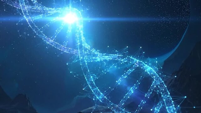 A glowing digital double helix structure floats above a dark landscape