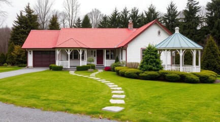 Obraz premium A modern cottage with a blue sky in the background. A stone path, coniferous trees, and a perfect lawn. A concept of a country estate.