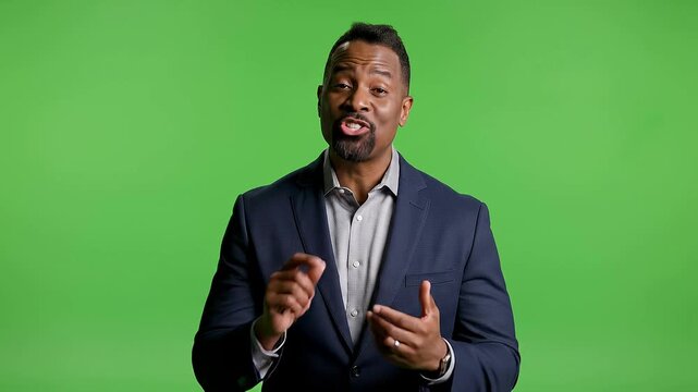 Man Talking Presenter Green Screen Suit Gesturing Explaining