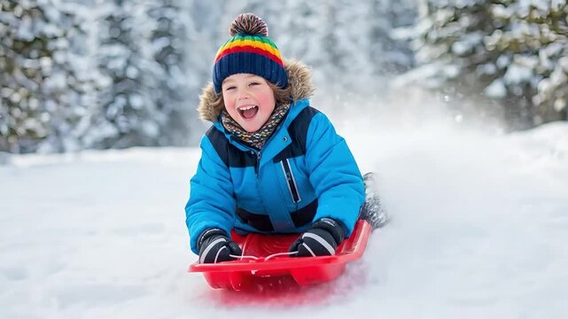 A joyful child in colorful winter attire goes sledding downhill in the snow.
