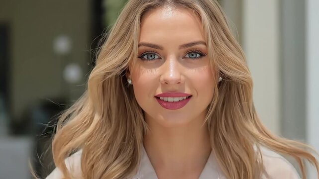 Close up portrait of a young woman with blonde hair and blue eyes smiling.