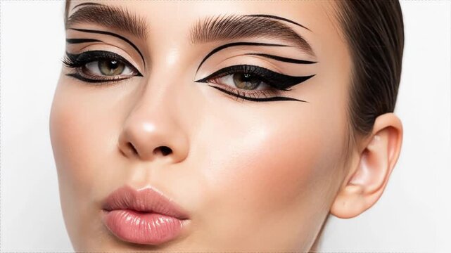 Close-up portrait of a woman with bold, artistic eyeliner and glossy lips.